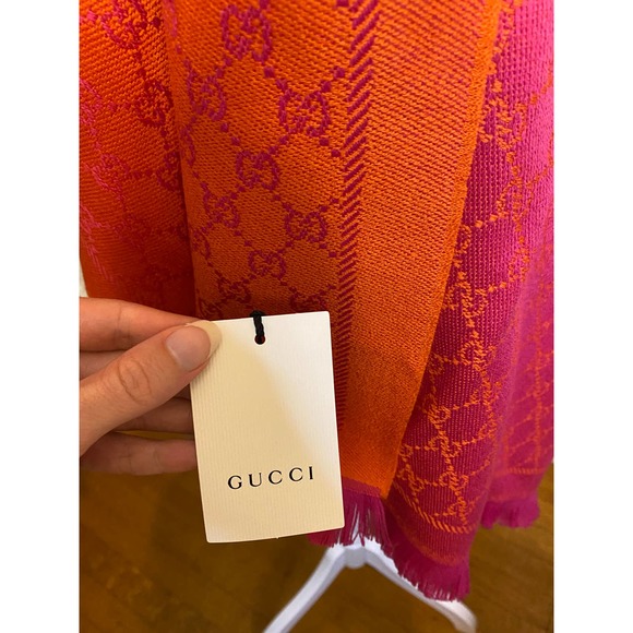 SOLD Gucci Wool Silk Jacquard GG Monogram Stenix logo Scarf Orange Pink NWT - Picture 2 of 5
